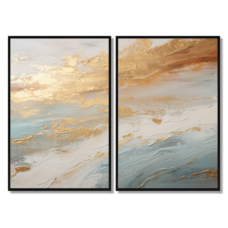 «Golden and Blue Beach Tranquility - Coastal Beach», art mural sur toile encadré beige côtier, H 40 po x l 40 po, Noir