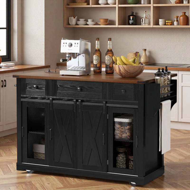 Farmhouse Kitchen Island with Storage, Sliding Barn Door & Metal Grid Side Door, Black