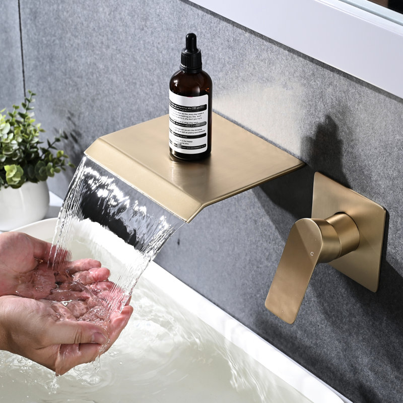 Brushed Gold Waterfall Bathroom Sink Faucet - Wall Mounted, Single Handle For Easy Use And Control Tub Gold, Modern With Smooth Flow
