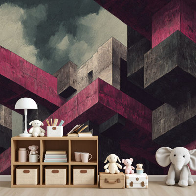 Papier peint adhésif autocollant à motif géométrique futuriste gris bourgogne H 69 po x l 96 po, papier peint amovible en PVC auto-adhésif pour chambre à coucher, bureau à domicile