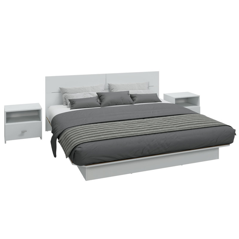 Zen Alpha Bedroom - Platform Bed with Headboard and Nightstands (2) – Easy Assembly, No Box Spring Required, White, King