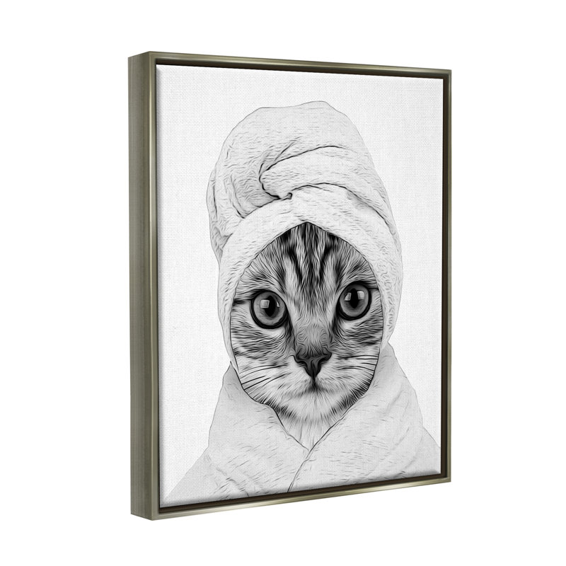 Drôle de chat dans un peignoir, art mural encadré gris sur toile flottante par Annalisa Latella, H 21 po x l 17 po x P 1,7 po