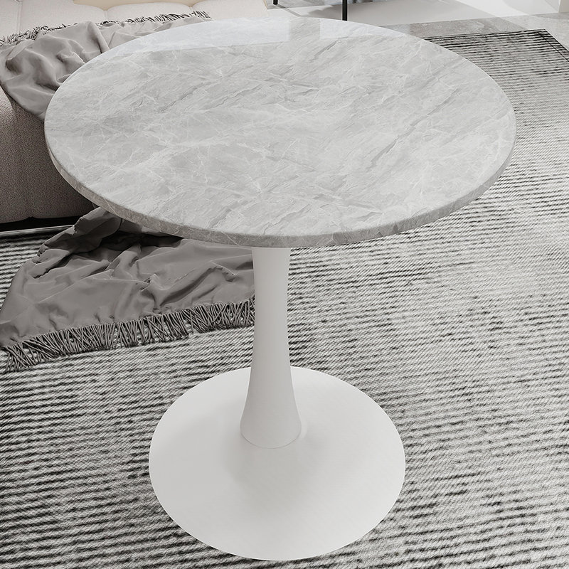 Marble-Top Round Side Table with Tapered Pedestal Base, Ideal for Living Room, Modern Minimalist Design, Light Gray, White