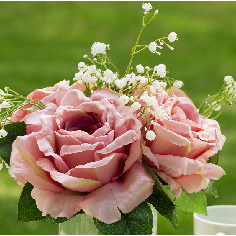Roses en soie dans un vase, Fuchsia / vert