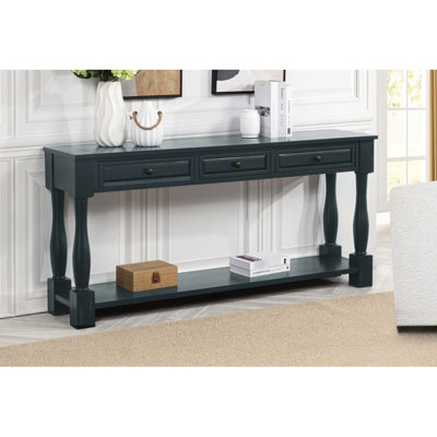 63" Long Navy Wood Console Table With Drawers, Mediterranean Style For Hallway, Living Room, Entryway, Quality, Assembly Needed Shelf,