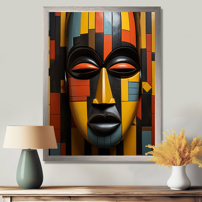 Bonneval, masque tribal africain Kente II - art mural tribal africain, H 44 po x l 34 po, Cadre photo unique, Doré