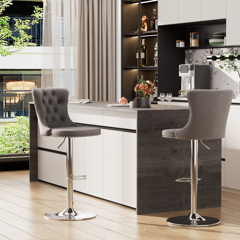Tabouret de bar pivotant en velours à hauteur réglable avec structure en métal (ensemble de 2), Gris, Argent