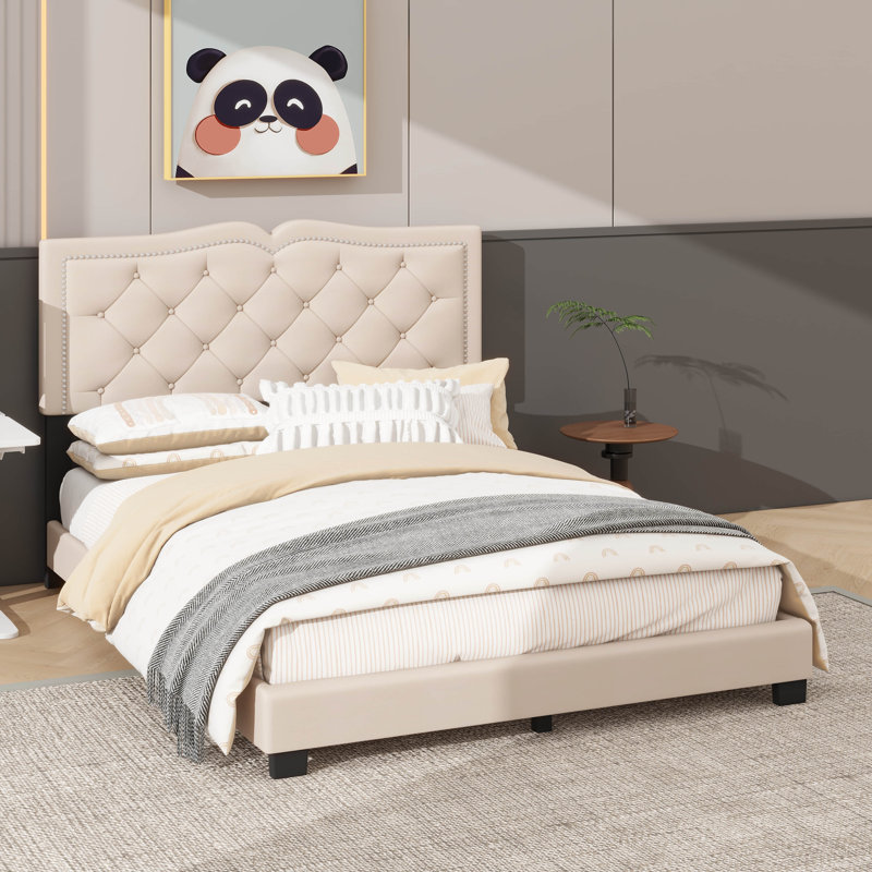 Lit à panneau tapissier Kesean, Grand, Beige