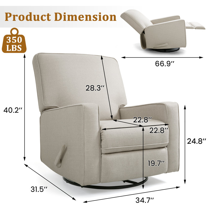 Saidee Upholstered Manual Swivel Rocker Recliner Chair, Beige Linen