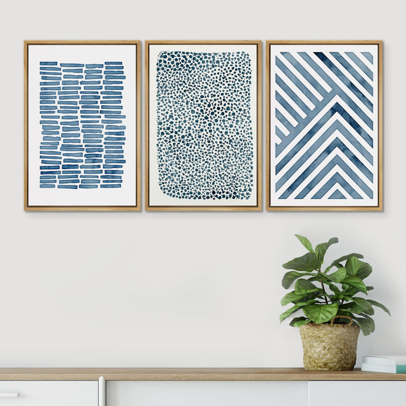 Blue Geometric Pastel Line Abstract - 3 Piece Floater Frame Print Set on Canvas, Naturel, H 24 po x l 16 po x P 1,5 po