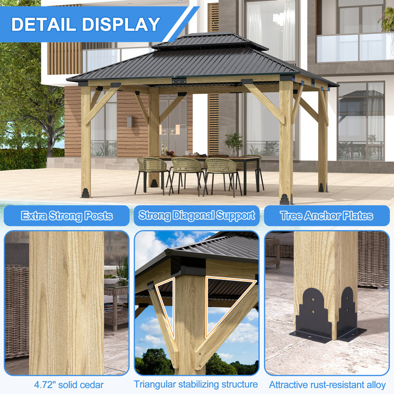 Patio Cedar Wooden Gazebo with Galvanized Steel Hardtop, 10.1' H x 13' W x 11' D