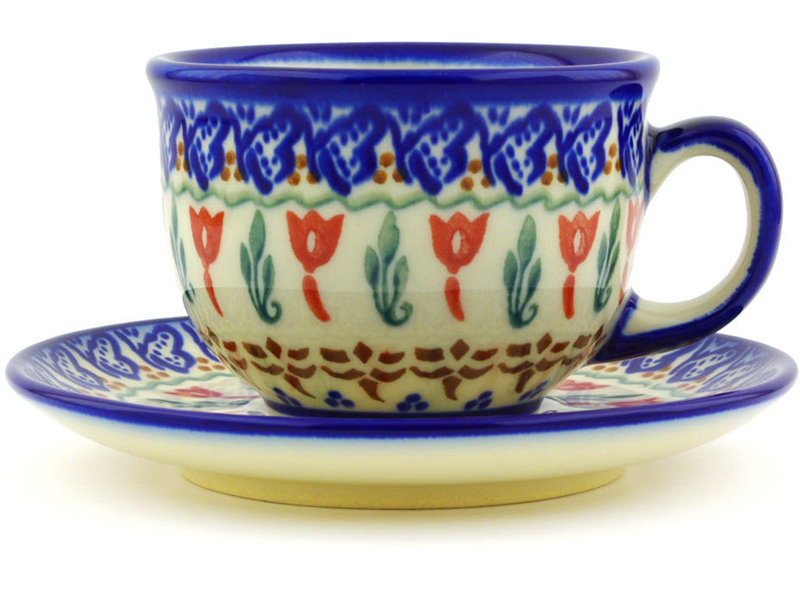 Polish Pottery Fluttering Tulips Coffee Mug with Saucer