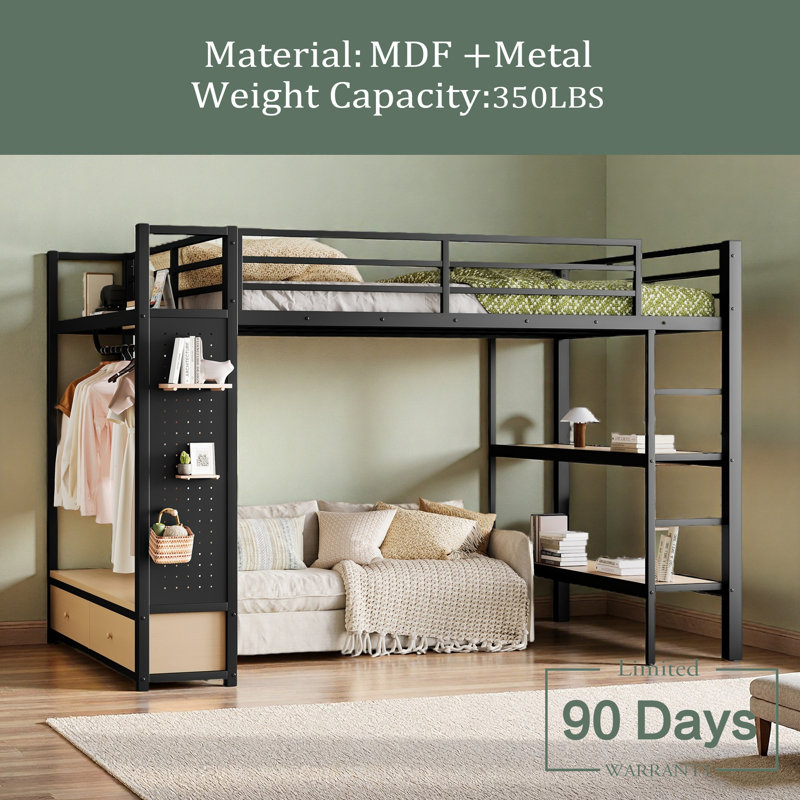 Loft Bed Frame With Wardrobe,Metal Loft Bed With Storage Shelves And Pegboard, Queen