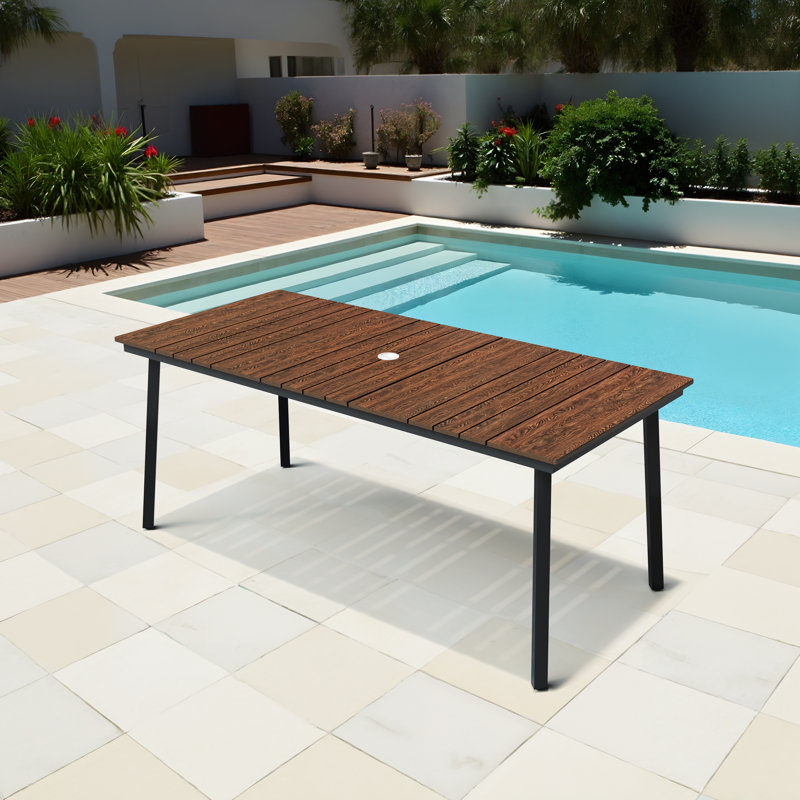 Table de salle à manger rectangulaire pour l'extérieur avec trou pour parasol, Brun