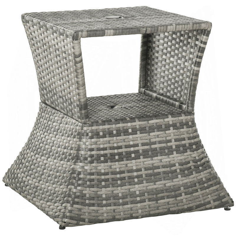 Table d'appoint en osier de rotin avec trou pour parasol, tablette de rangement à 2 niveaux pour l'extérieur, patio, jardin, cour arrière, gris mélangé