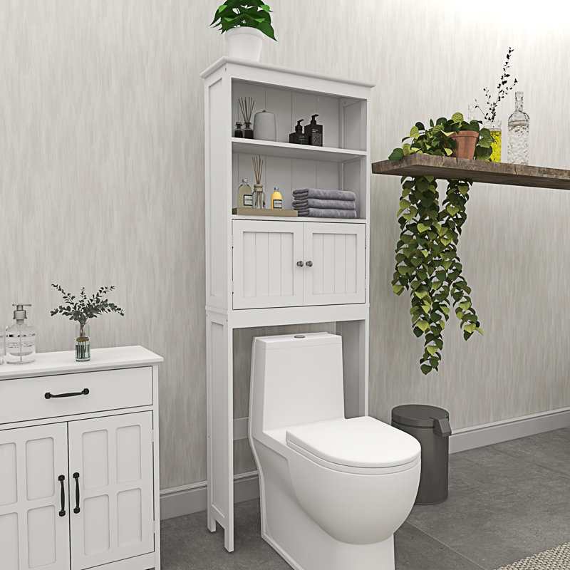 White Over-the-Toilet Storage Rack with Doors and Shelves
