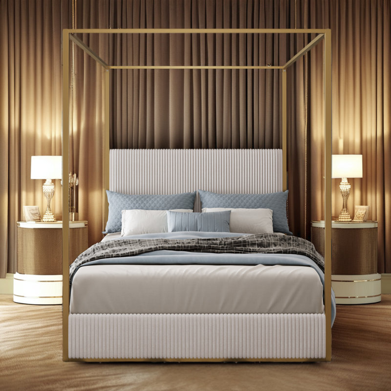Corduroy Upholstered Canopy Bed With Tall Headboard, Beige/Gold, King