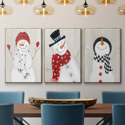 Bonhomme de neige encadré sur toile, 3 pièces