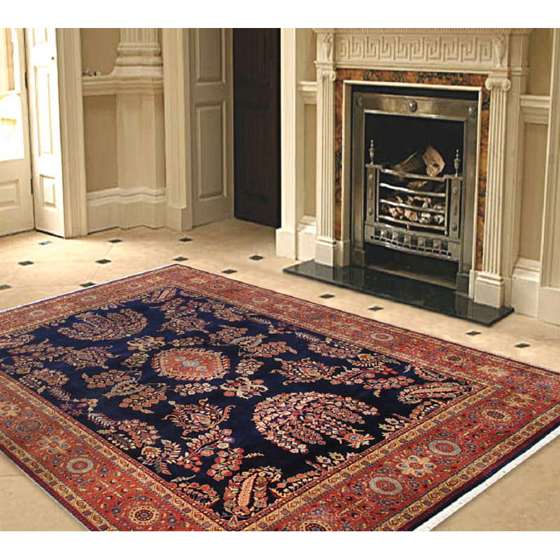 Tapis bleu marine / brun en laine noué à la main Azerbaijan, Rectangle 8 pi 5 po x 11 pi 8 po