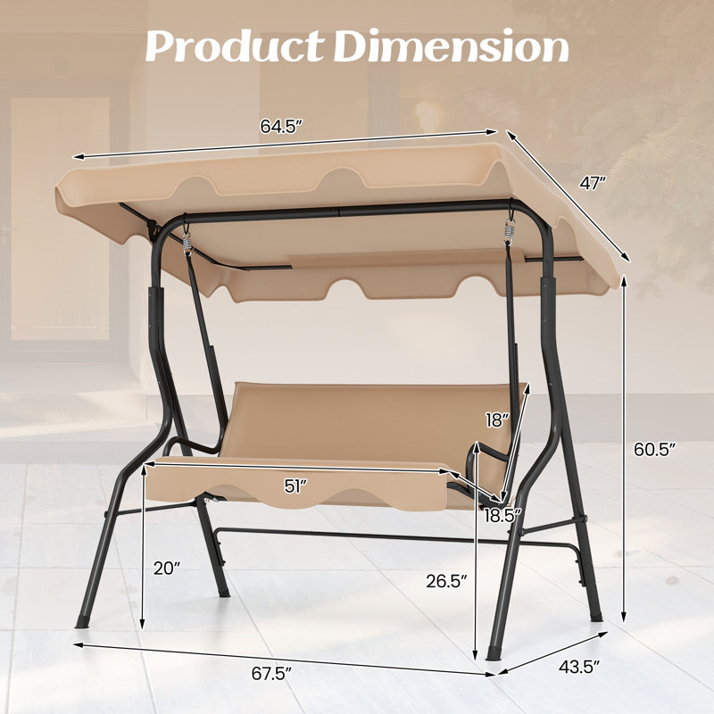 Beige Metal Frame Outdoor Patio Swing with Adjustable Canopy