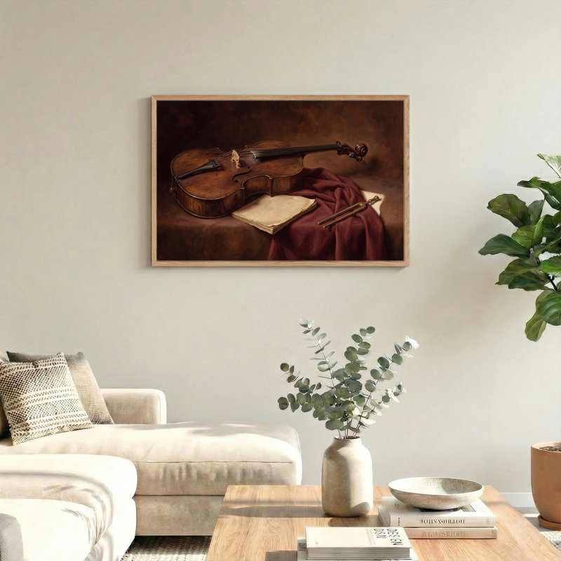 Violon, diapason et livre ouvert sur toile marron, H 32 po x l 48 po