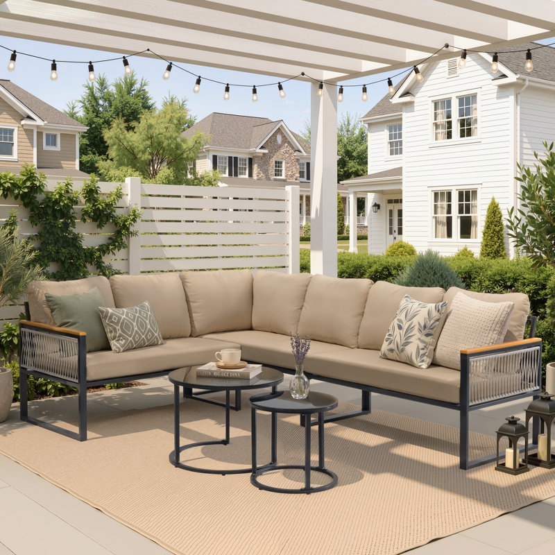  L-shaped Patio Sectional with Coffee Table, Beige