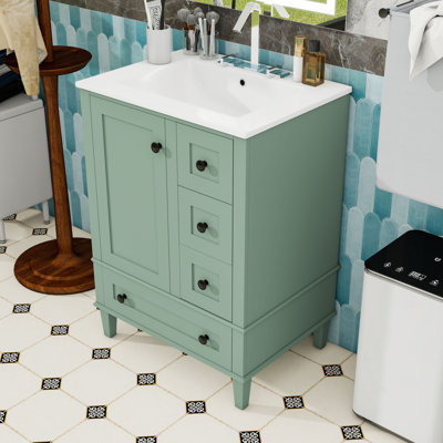 Meuble-lavabo de salle de bain avec lavabo en céramique intégré, 3 tiroirs de rangement et tablette de porte à double couche