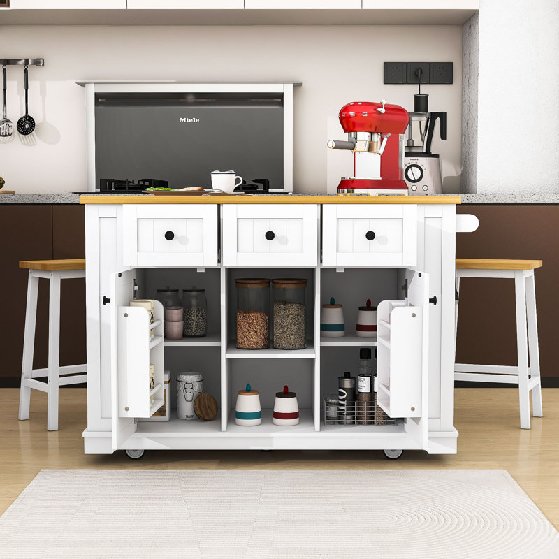Kitchen Island with 2 Matching Bar Stools, Built-in Outlets and Ample Storage, White