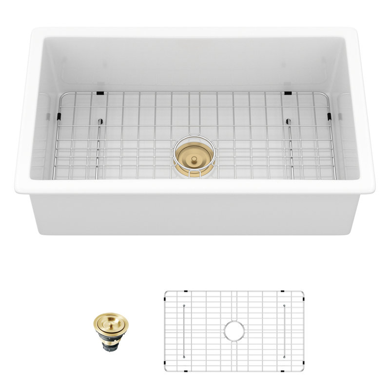 Lavabo à simple cuve 32 po, blanc, double installation, lavabo rectangulaire profond, finition ultrabrillante pour une brillance durable 32 po x 19 po x 10 po, encastré, facile à entretenir