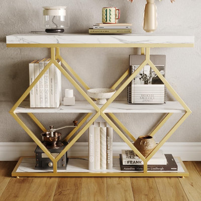 Table de hall d'entrée industrielle à 3 niveaux avec structure en métal en forme de losange, console à tablette ouverte pour le salon, couloir, table d'appoint de rangement de vestibule avec pieds réglables, plateau en bois rustique (blanc)
