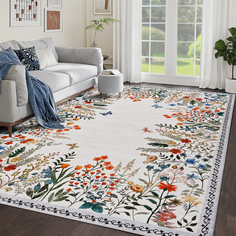 Boho 9x12 Washable Rugs for Entryway Floral Rugs for Bedroom, Beige Bathroom Rug Non Slip Washable, Soft Indoor Carpet Throw Carpet for Kitchen Laundry Living Room Foyer