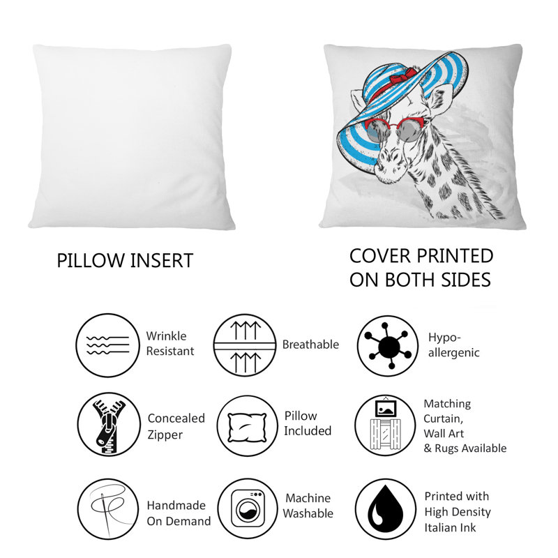 Girafe avec un chapeau bleu et des lunettes de soleil rouges - Coussin décoratif pour enfants