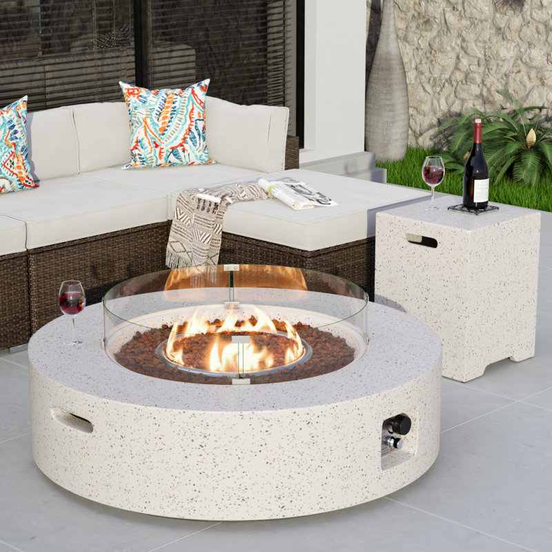 Kinzie Round Concrete Propane Smokeless Fire Pit Table, Terrazzo White