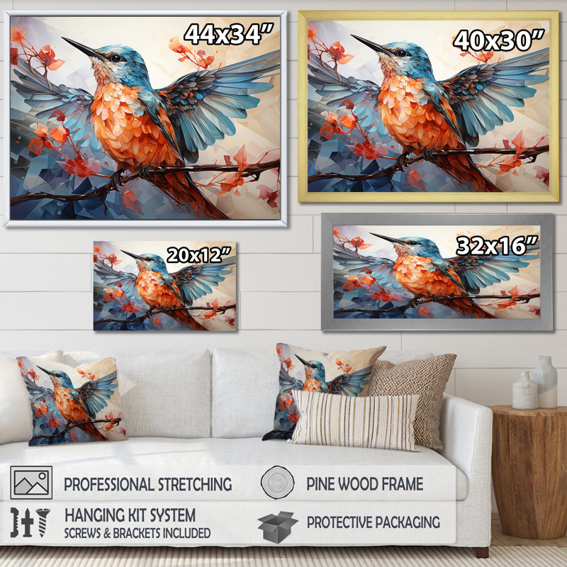 Oiseaux géométriques dans un ciel cubiste - Reproduction d'art mural oiseau, Cadre simple blanc, H 34 po x l 44 po x P 1,5 po