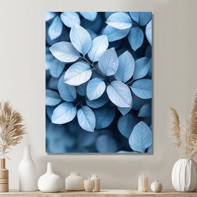 Minimalisme bleu fumé feuilles II - feuilles, impressions sur métal