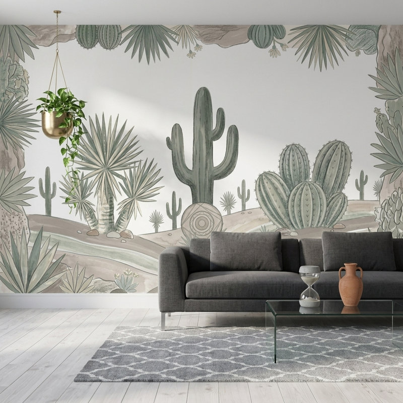 Panneau de paysage désertique, aquarelle de cactus, illustration murale, 100 po x 96 po, Peler et coller