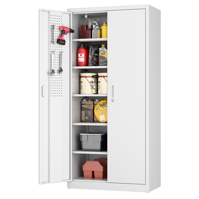 Metal Garage Storage Cabinet With Pegboard And 5 Adjustable Shelves,tool Storage Cabinet With Lockable Doors For Garage Home Office School, Required Assembly,white