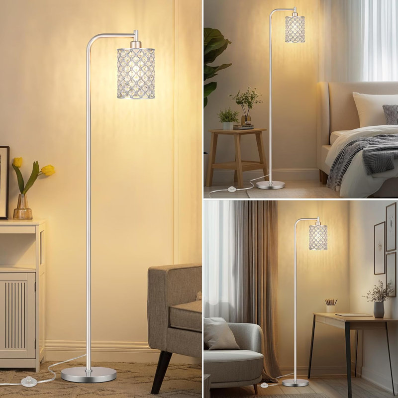 Modern Floor Lamp With Crystal Lampshade For Living Room, Bedroom & Study, 67 Inch Tall Standing Lamp With Pedal Switch & Included LED Bulb, Silver Finish