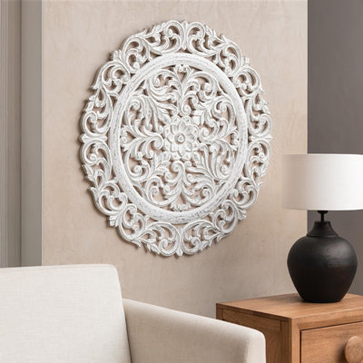 Iris 36" Round Carved Distressed White Floral Medallion Wall Décor