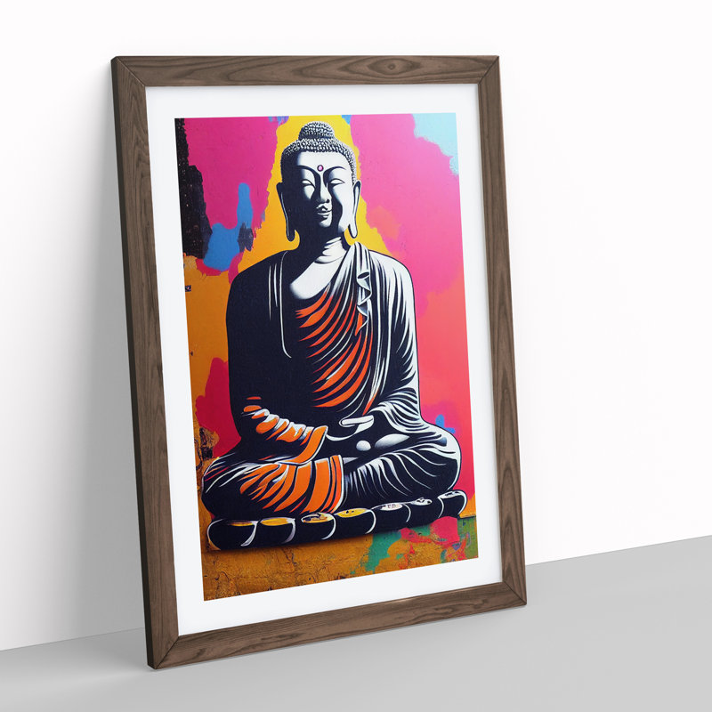 Colourful Buddha No.2 - Wall Art, 36cm H x 27cm W x 2cm D, Walnut Framed, White