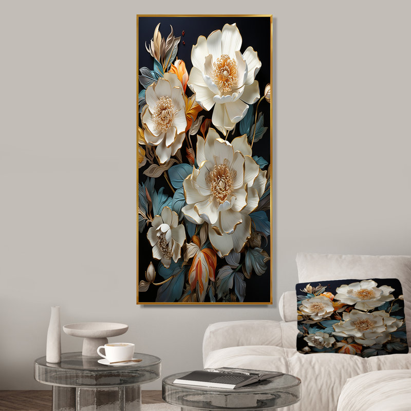 Bronze fleuri coquelicots en éclat - art mural coquelicots, Cadre flottant doré, H 60 po x l 28 po x P 1,5 po