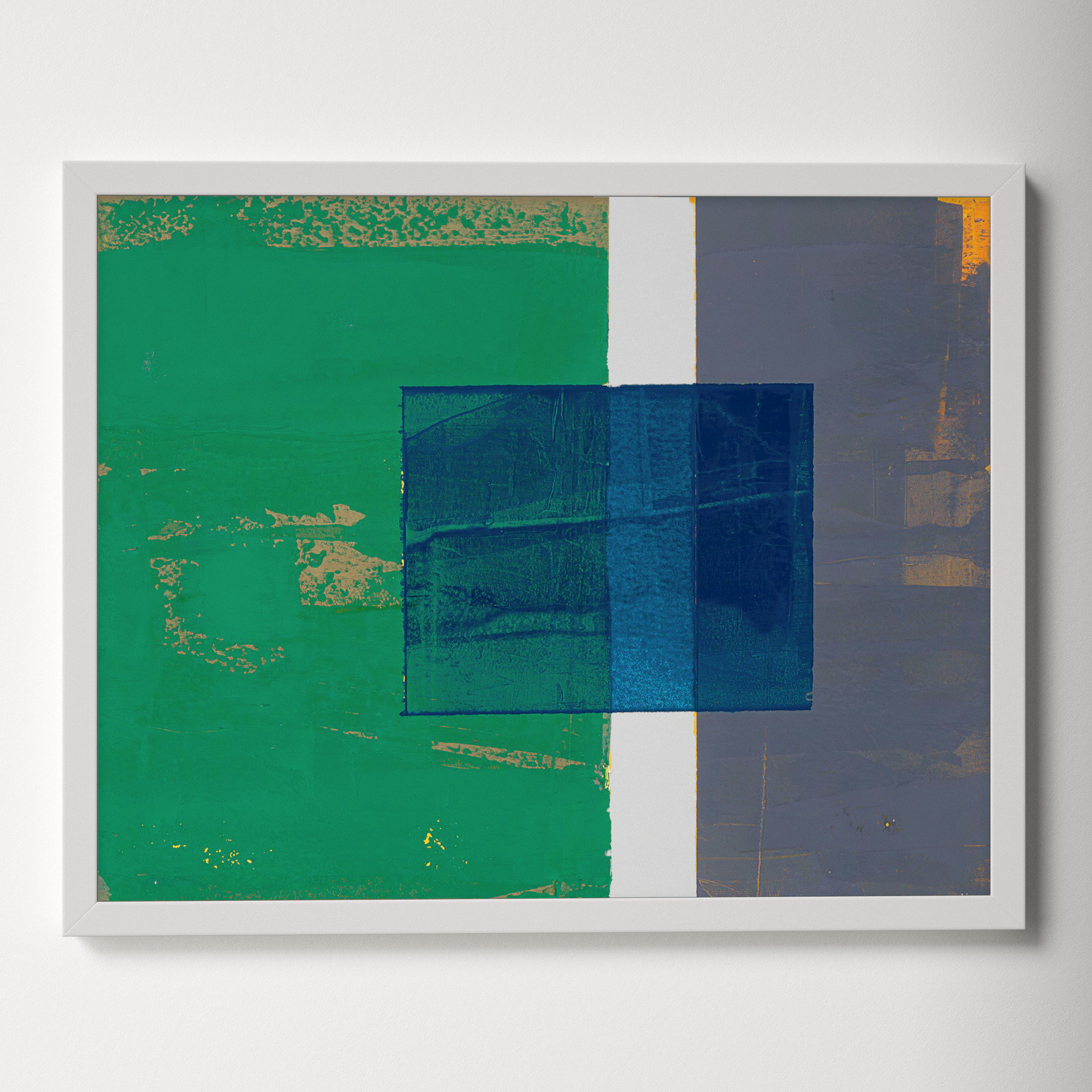 Bold In Blue 1 by Andrea Stokes, White Framed, 30" H x 38" W x 1.38" D