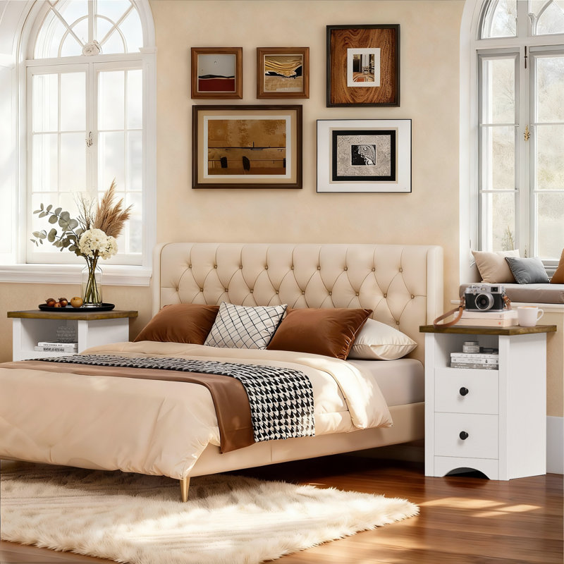 NightStand, ensemble de 2 avec 2 tiroirs et tablette de rangement ouverte, table de chevet de ferme pour salon de chambre à coucher