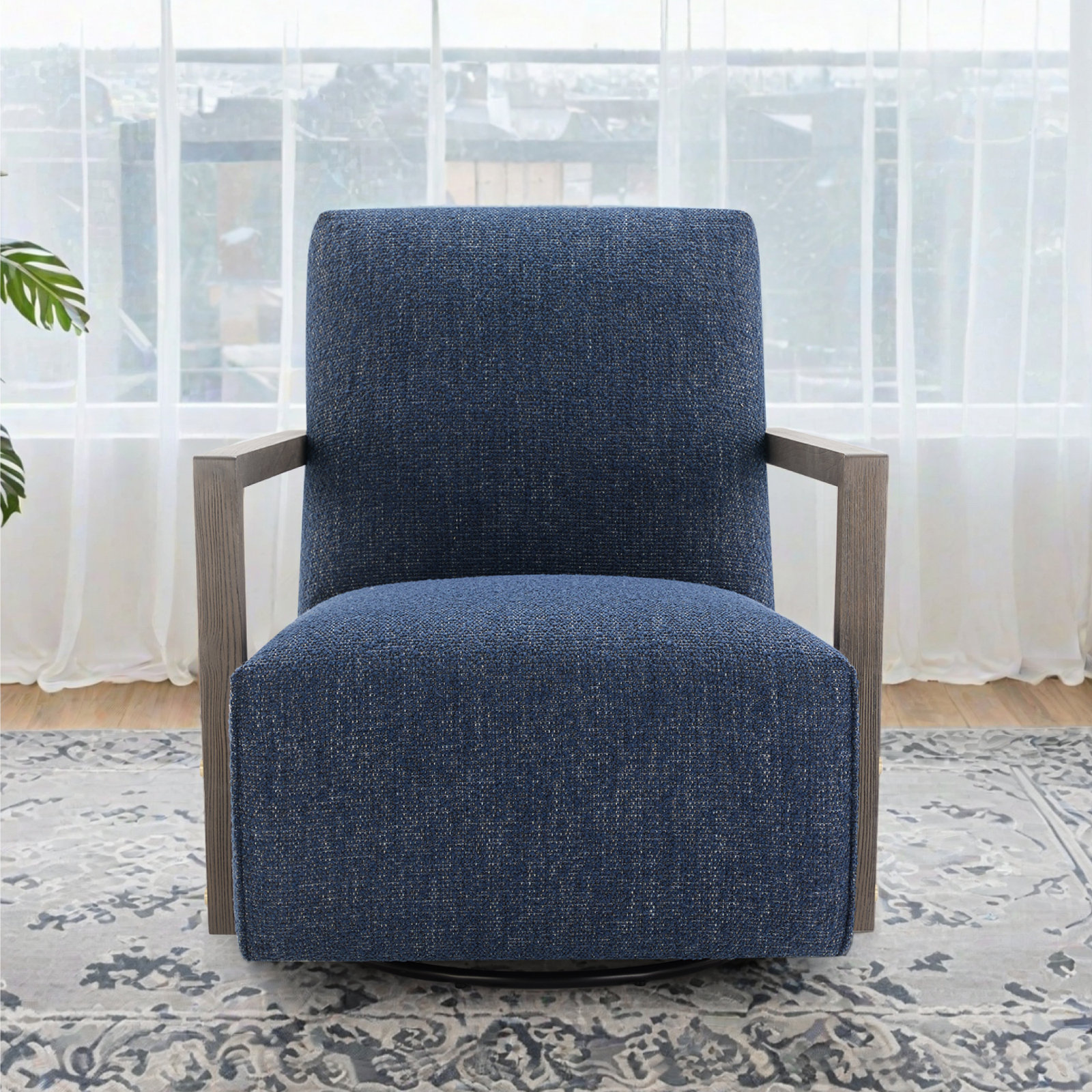Camino Pine Swivel Armchair, Merino Indigo Performance Boucle