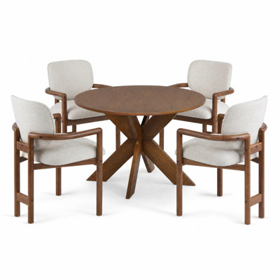 Franco 4-Person Mid-Century Modern Round Dining Set with X-Cross Base and Upholstered Armchairs