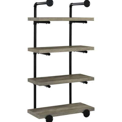 Tablette murale de style industriel en bois flotté noir et gris - 24 pouces, 4 tablettes, convient à un bureau contemporain, un salon, un concept de cuisine de 24 pouces, pour