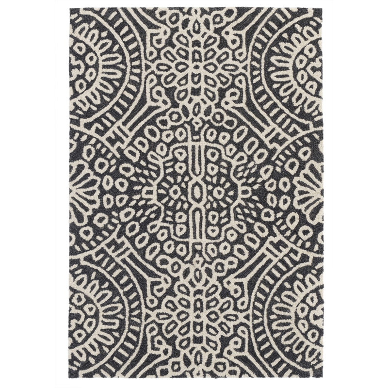 Tapis gris anthracite en laine à crochets Temple, Rectangle 8 pi 6 po x 11 pi 6 po