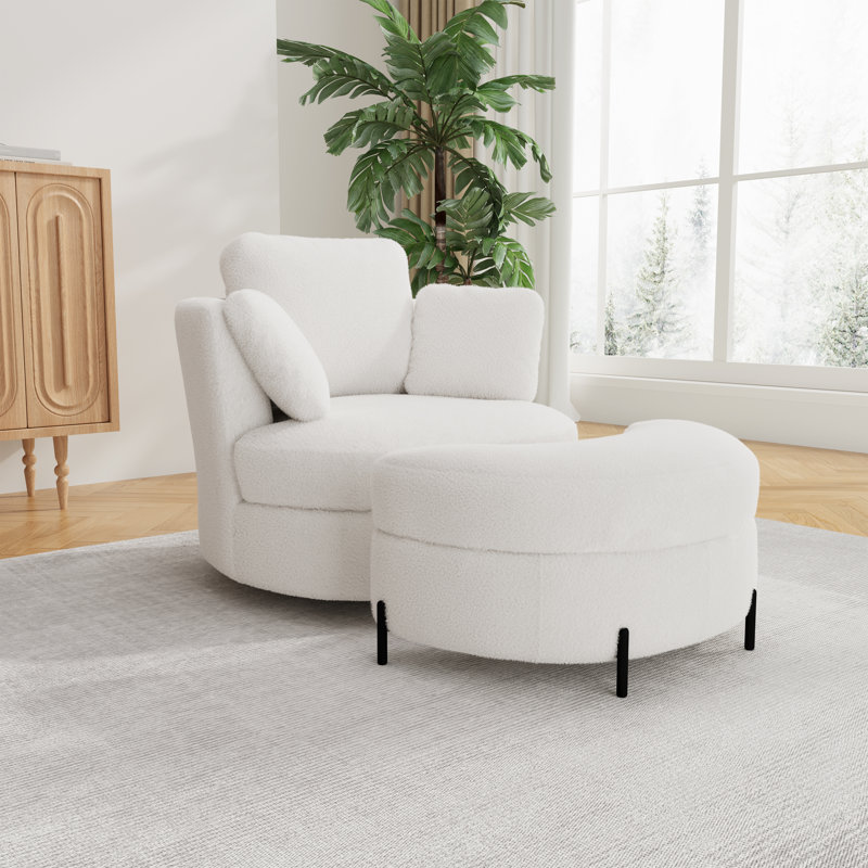 Fauteuil demi-tonneau pivotant en chenille de 40,4 po de largeur avec repose-pieds et coussins, Ivoire ivoire, Yes
