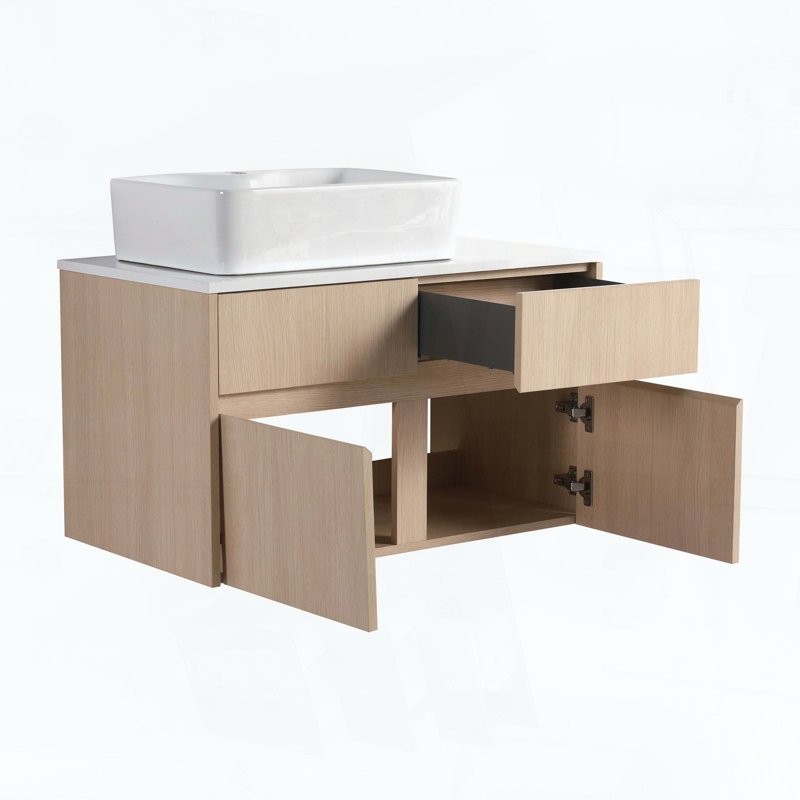Meuble-lavabo mural de 32 pouces avec lavabo artistique en céramique, White Oak + Rectangular Sink