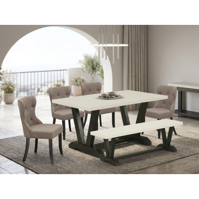 6-Pc Set with Coffee Linen Fabric Seat and Button Tufted Chair Back Dining Chairs and Wooden Dining Bench - Linen White Dining Table -  Wire brushed Black Finish